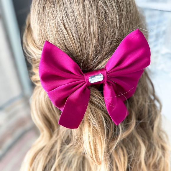 Handmade Magenta Pink Satin Hair Bow Clip With Jewel Made by ClosetVenture - Picture 2 of 4
